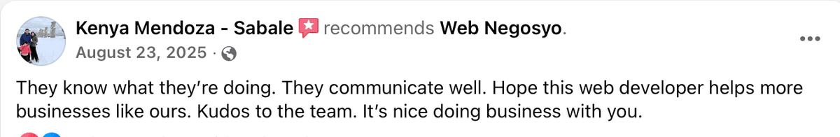 Facebook review from Kenya Mendoza recommending WebNegosyo